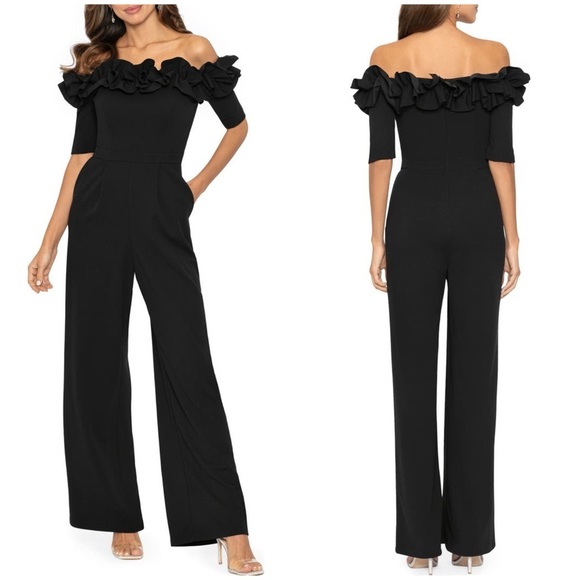 NWT Xscape Ruched Ruffle Scuba Crepe Jumpsuit Black Off The Shoulder Sz 2 - Picture 1 of 15